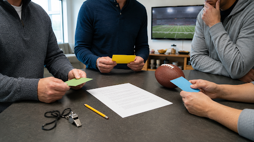 sports-fans-looking-at-sticky-notes-table-with-game-on-tv